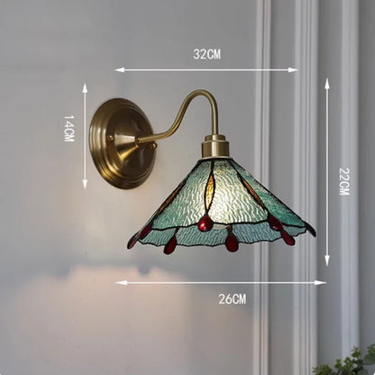 Tiffany-Style Glass Sconce with Curved Copper Arm E27 Socket 11 in x 8 in Bedroom Hallway Accent Light for Living Room Study Bathroom