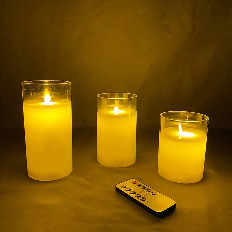 Battery-Operated LED Pillar Candles with Remote Control Timer Set of 3 Realistic Flickering Light Amber Smoke Clear Glass for Dining Room Be