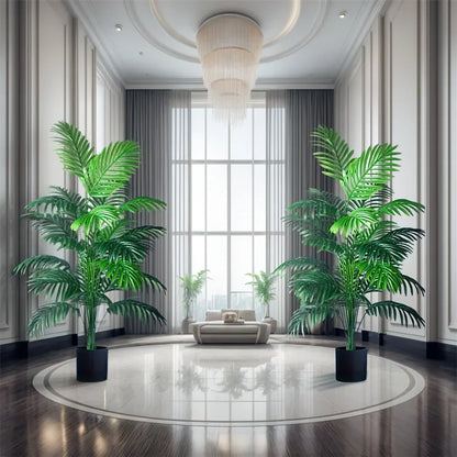 Faux Tropical Palm Plant 35-Inch Tall Duo Indoor Outdoor Green Foliage Living Room Entryway Corner Décor No-Water Maintenance-Free Greenery