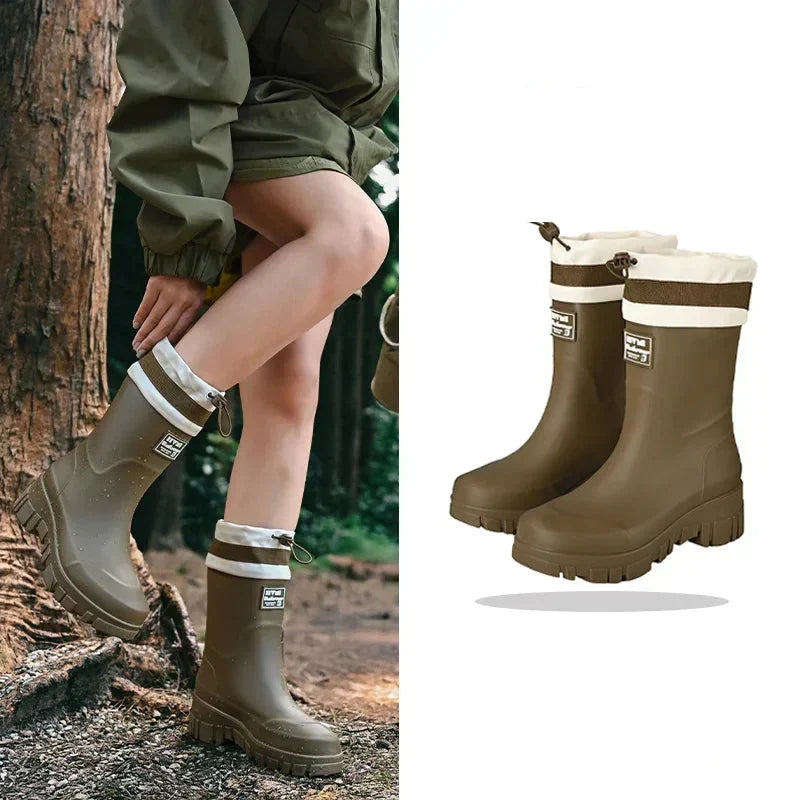 Women's Waterproof Rain Boots with Non-Slip Sole – Vintage-Inspired Rubber Boots for Fall & Winter, Mid-Calf & Tall Styles
