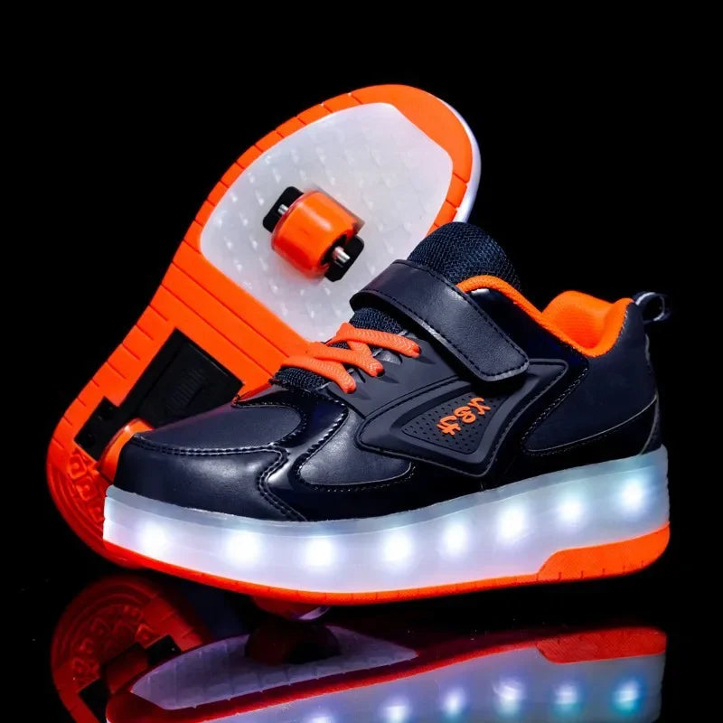 Kids Light-Up Skate Sneakers with Wheels Pink LED Roller Shoes Velcro Strap Boys Girls Youth Rechargeable Glowing Athletic Footwear