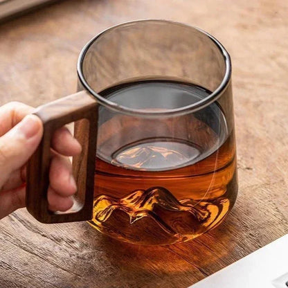 Alpine-Inspired Clear Glass Coffee Mug with Wooden Handle for Tea, Coffee & Hot Beverages | Borosilicate Heat-Resistant Drinkware for Home,