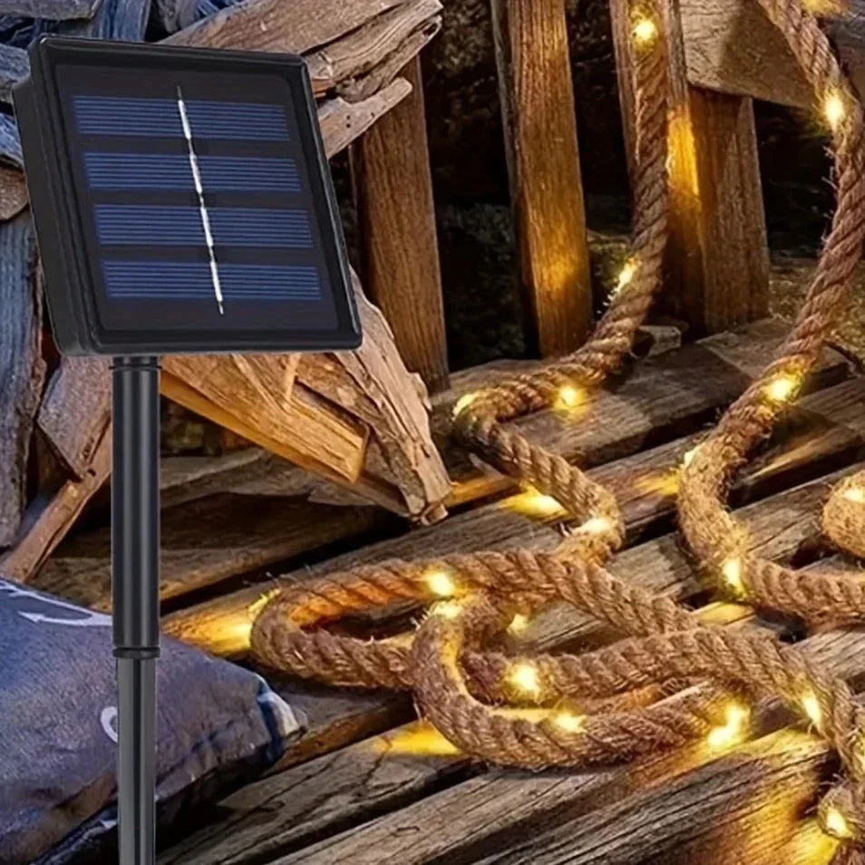 Solar LED String Lights 16 ft Hemp Rope 100 Bulbs 8-Color Modes Outdoor Garden Patio Deck Waterproof Auto On/Off for Backyard Party Wedding