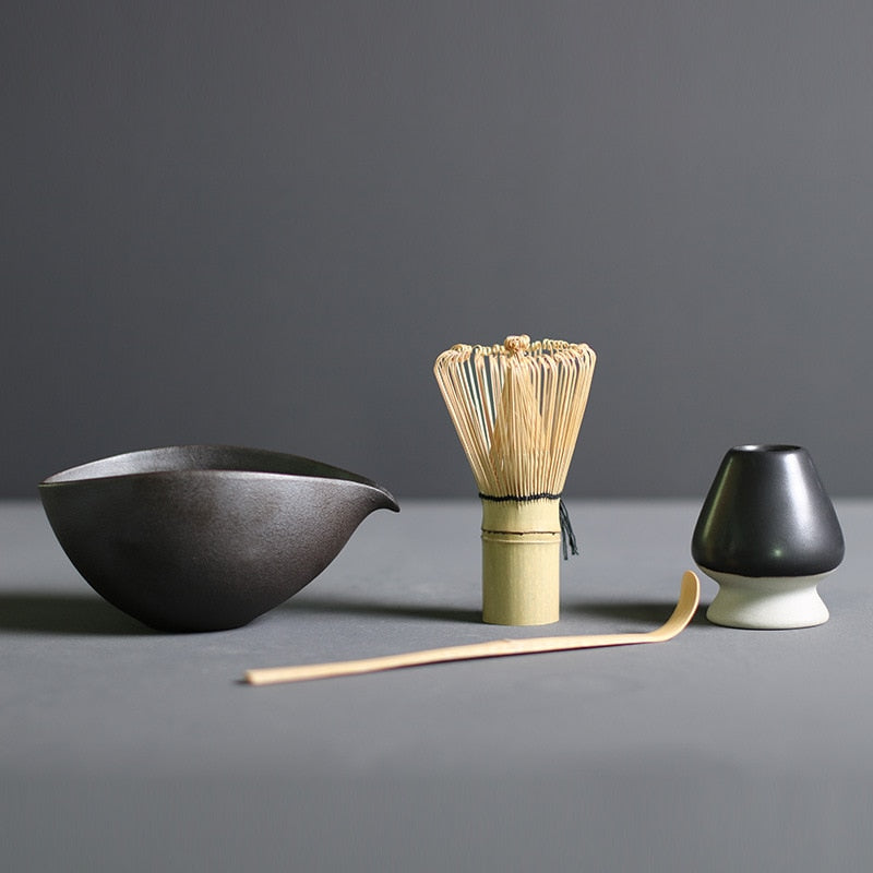 Ceremonial Matcha Tea Preparation Kit — Bamboo Whisk, Ceramic Bowl, Scoop & Holder — 4-Piece Japanese Tea Set for Home Brewing