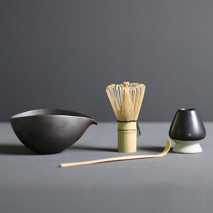 Ceremonial Matcha Tea Preparation Kit — Bamboo Whisk, Ceramic Bowl, Scoop & Holder — 4-Piece Japanese Tea Set for Home Brewing