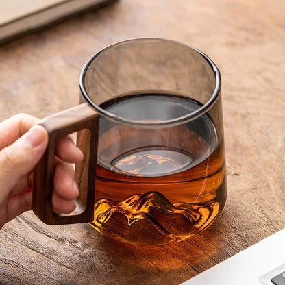 Insulated Borosilicate Glass Mug with Wood Grip 4-Inch Thermal Coffee Cup Peak Shape for Hot Beverages Kitchen Office