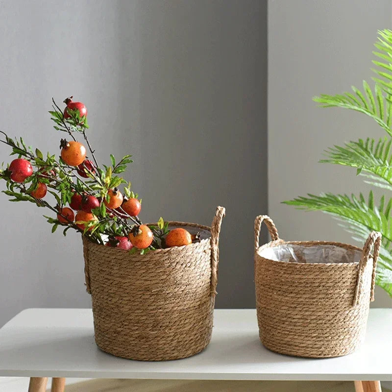 Handwoven Seagrass Basket with Handles for Indoor Plants Outdoor Pots Storage Organizer Natural Fiber Boho Decor Rustic Farmhouse