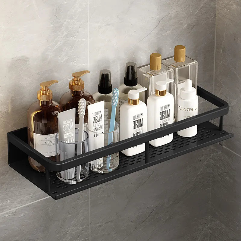 Wall-Mount Aluminum Bathroom Caddy – Black Storage Ledge for Soap, Shampoo & Toiletries – Space-Saving Organizer for Shower & Kitchen