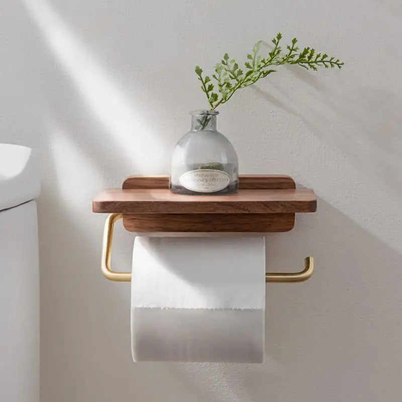 Bathroom Tissue Dispenser with Storage Shelf | Space-Saving Wood Wall Mount for Small Powder Rooms, En-Suites & Modern Restrooms | Natural W