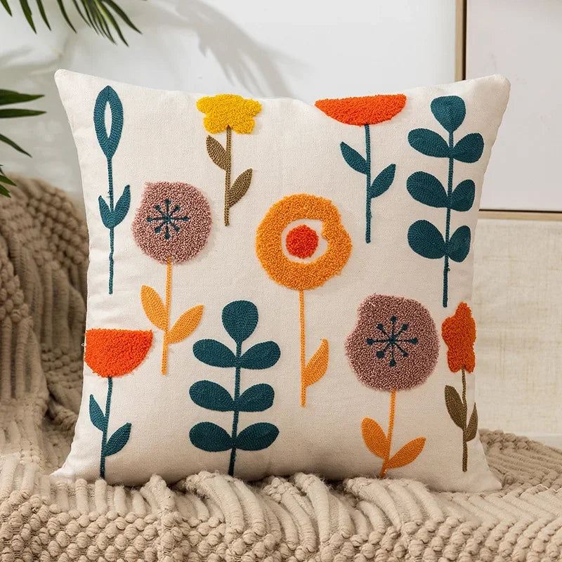 Floral Embroidered Throw Pillow Cover 18x18 Inches Cotton Canvas White Decorative Cushion Case for Couch Bed Chair Farmhouse Modern Living R
