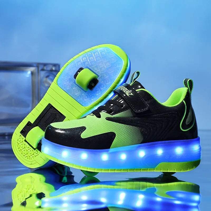 Kids Light-Up Skate Sneakers with Wheels Pink LED Roller Shoes Velcro Strap Boys Girls Youth Rechargeable Glowing Athletic Footwear