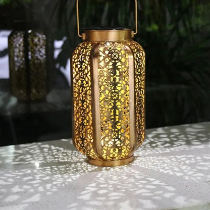 Geometric Metal Outdoor Solar Lantern with Auto Dusk Sensor for Patio Garden Yard Decor Hanging LED Light