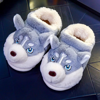 Plush Husky Slippers for Women & Men – Soft Animal House Shoes with Rubber Sole for Indoor Warmth & Cozy Comfort at Home