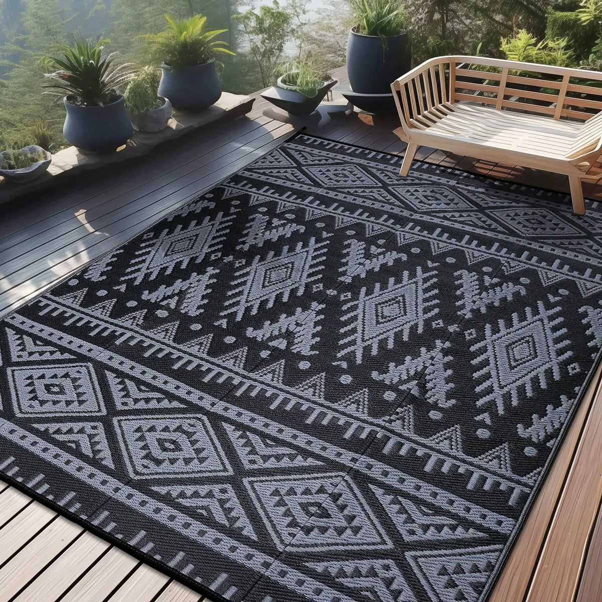 Woven Reversible Patio Mat with Braided Plastic Construction for Decks, Balconies & Camping | Weather-Resistant Geometric Floor Covering