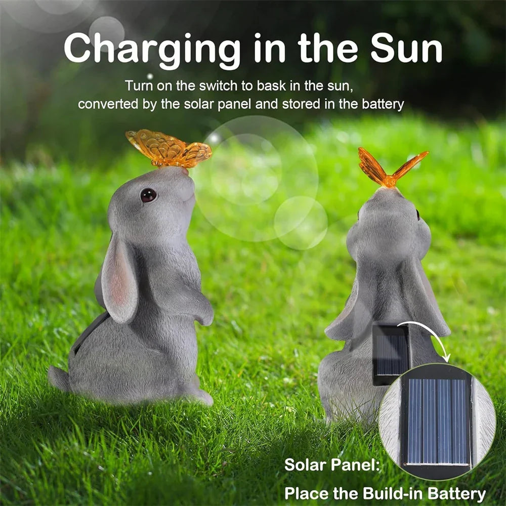 Solar Bunny Statue with LED Lights 9 Inch Tall White Gray Resin Weather-Resistant Outdoor Yard Decor Illuminated Butterfly Accent for Patio