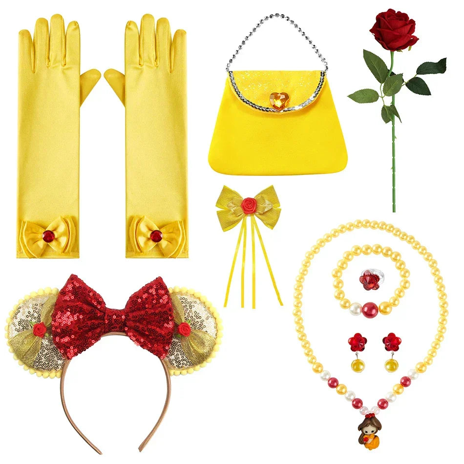Girls Princess Gown Costume with Tiara and Gloves – Complete Belle-Inspired Dress-Up Set for Birthday Parties, Halloween, Cosplay & Special