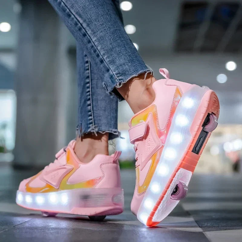 Kids Light-Up Skate Sneakers with Wheels Pink LED Roller Shoes Velcro Strap Boys Girls Youth Rechargeable Glowing Athletic Footwear