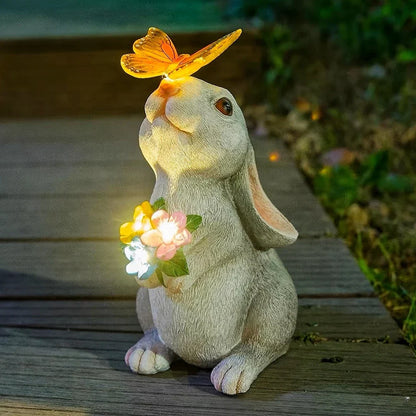 Solar Bunny Statue with LED Lights 9 Inch Tall White Gray Resin Weather-Resistant Outdoor Yard Decor Illuminated Butterfly Accent for Patio