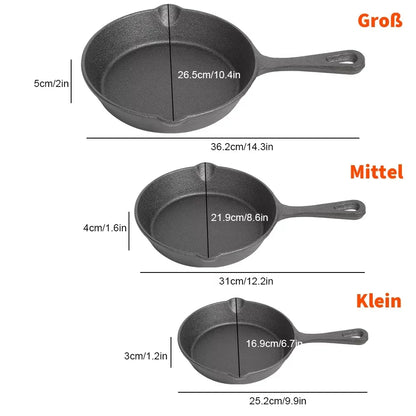 Three-Piece Skillet Set Uncoated Iron 6.3-Inch 7.9-Inch 10.2-Inch Black Multi-Cooktop Compatible Heat-Retaining Pan Collection
