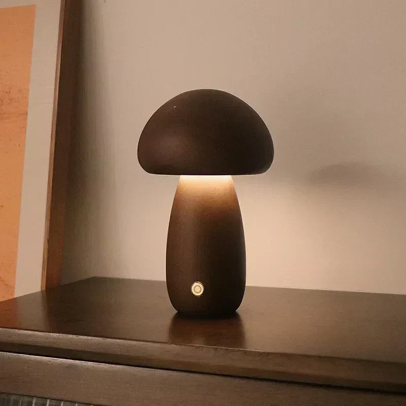 Rechargeable LED Mushroom Night Light with Touch Dimmer for Bedside, Nursery & Kids Room | Cordless Wooden Lamp