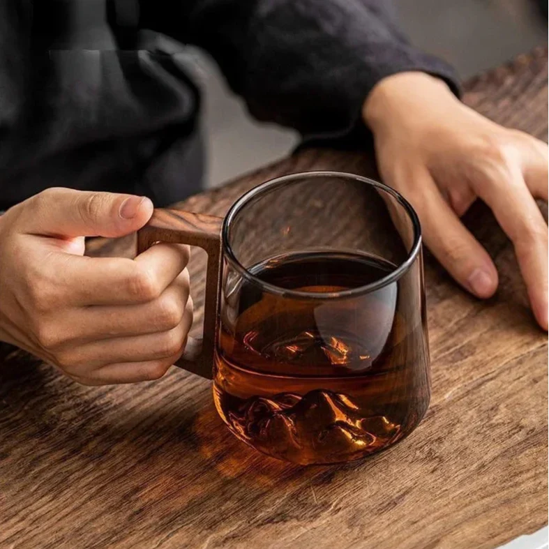 Insulated Borosilicate Glass Mug with Wood Grip 4-Inch Thermal Coffee Cup Peak Shape for Hot Beverages Kitchen Office