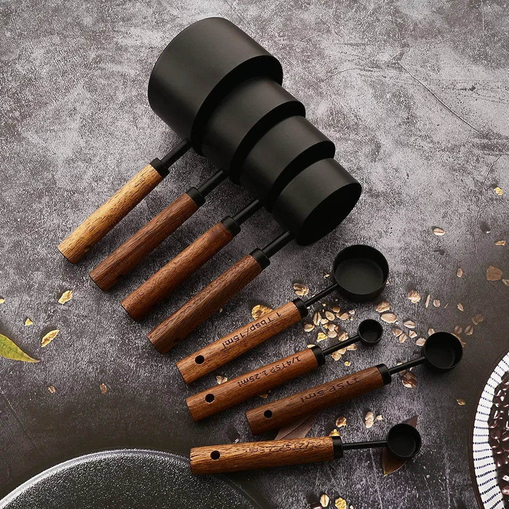 Stainless Steel Measuring Cup and Spoon Set with Oak Handles 8-Piece Kitchen Portion Tool for Baking Cooking Coffee and Meal Prep