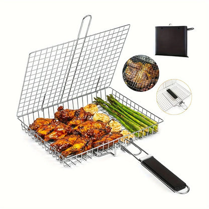 Folding Grill Basket with Non-Stick Coating for Vegetables, Fish & Steak – Heat-Resistant Stainless Steel BBQ Grilling Accessory for