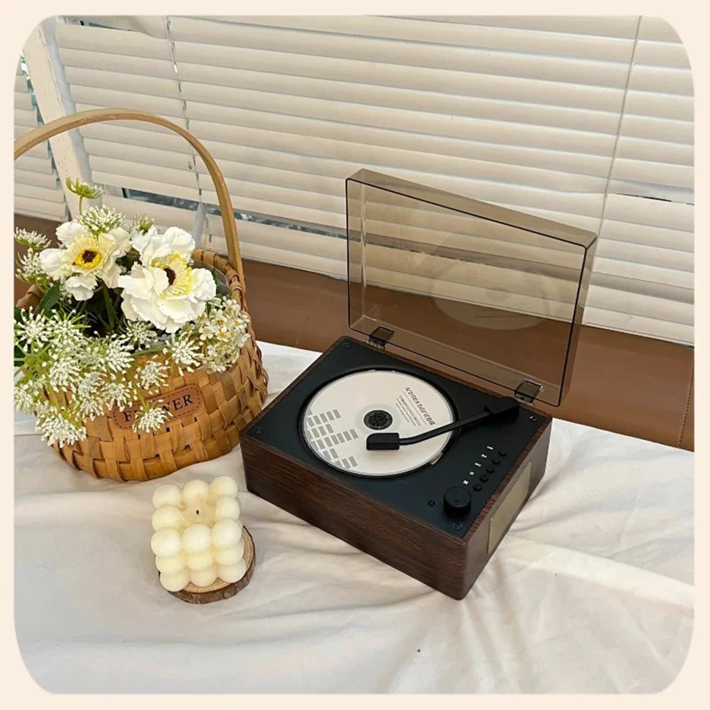 Compact Desktop Audio System Wireless Bluetooth 5.1 Disc Player Walnut Wood Design USB AUX Built-In Speaker 2000mAh Rechargeable Battery Rem