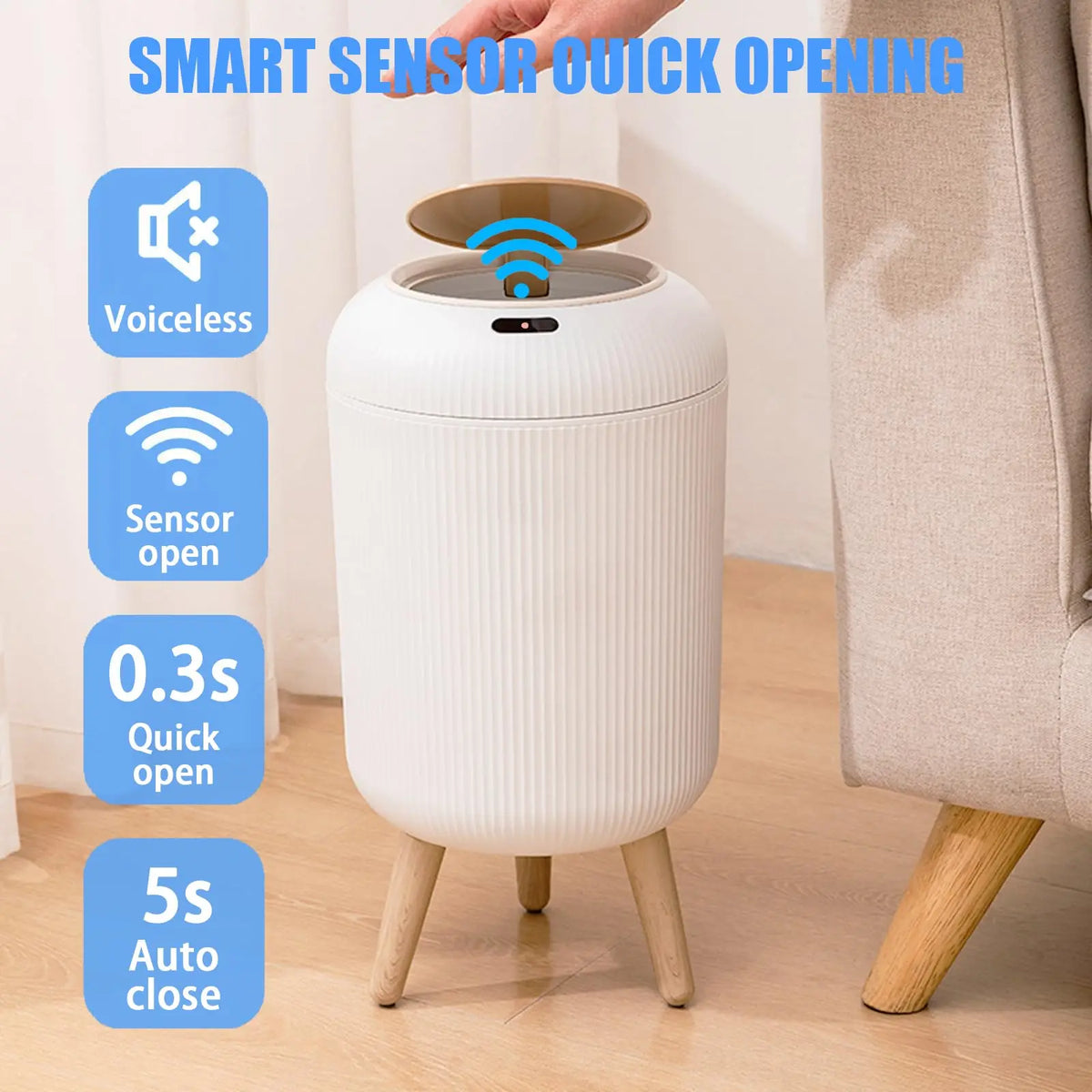 Sensor Garbage Can 2.6 Gallon Automatic Lid Wood Base Small Waste Basket White Black Green for Kitchen Bathroom Bedroom Office Compact Infra