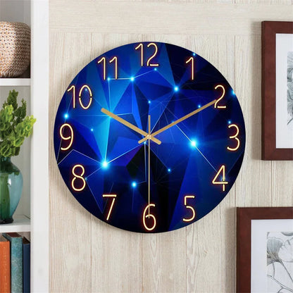 Geometric Quartz Timepiece Navy Blue 12 Inch Round Glass Face Gold Hands Whisper Quiet Analog for Bedroom Office Apartment Contemporary Home