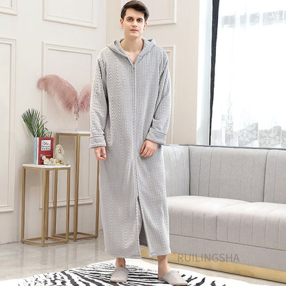 Zippered Fleece Bathrobe for Women & Men Hooded & Non-Hooded Thermal Lounge Robe with Pockets Soft Lightweight Warmth