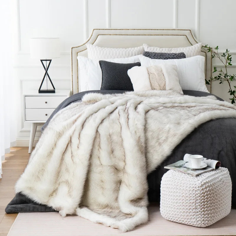 Plush Faux-Fur Accent Blanket 80×60 in Oversized Ultra-Soft Polyester Decorative Cover for Bedroom Sofa Chair Couch Neutral Tan Silver Brind