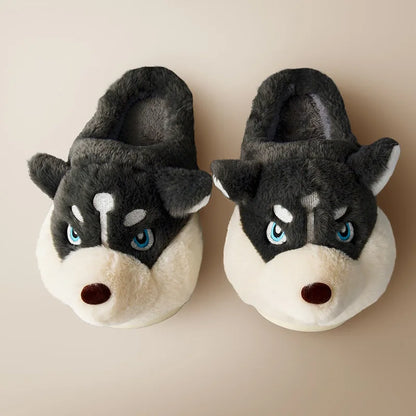 Plush Husky Slippers for Women & Men – Soft Animal House Shoes with Rubber Sole for Indoor Warmth & Cozy Comfort at Home