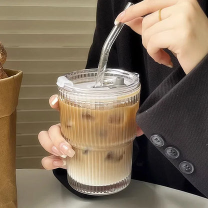 Insulated Glass Tumbler with Straw & Lid - Heat-Resistant Borosilicate Cup for Hot & Cold Drinks - Portable Coffee Mug for Commute, Office,