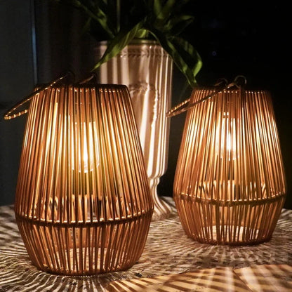 Woven Basket Lantern with Solar LED Light Outdoor Hanging Decor 8 in for Patio Garden Deck Yard Porch Balcony Table Cordless Battery-Free Wa