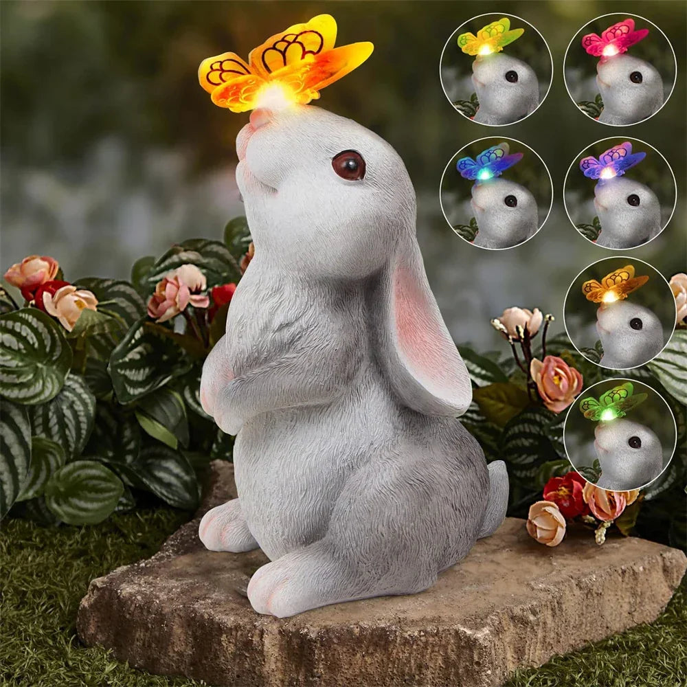 Solar Bunny Statue with LED Lights 9 Inch Tall White Gray Resin Weather-Resistant Outdoor Yard Decor Illuminated Butterfly Accent for Patio