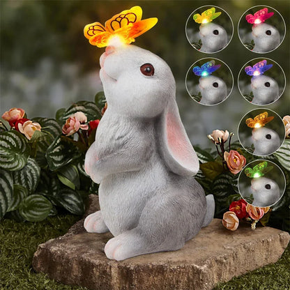 Solar Bunny Statue with LED Lights 9 Inch Tall White Gray Resin Weather-Resistant Outdoor Yard Decor Illuminated Butterfly Accent for Patio