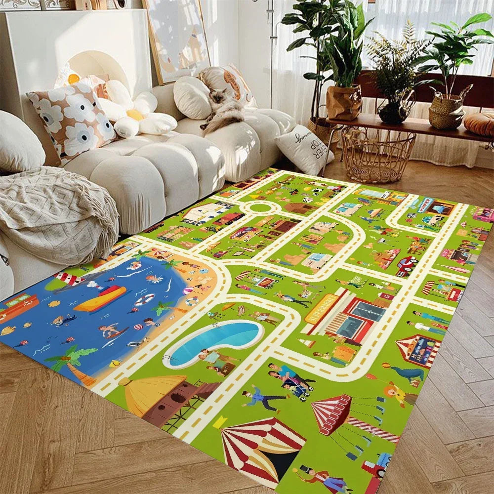 Kids Road Map Area Rug Soft Flannel Non-Slip City Streets for Toy Cars Playroom Bedroom Nursery 4 ft × 5 ft Washable Floor Mat for Toddlers