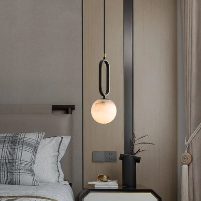 Stone Hanging Light Fixture Natural Marble Pendant with Copper Detail Black Gold for Kitchen Island Dining Room Bedroom Hotel Lobby Modern M