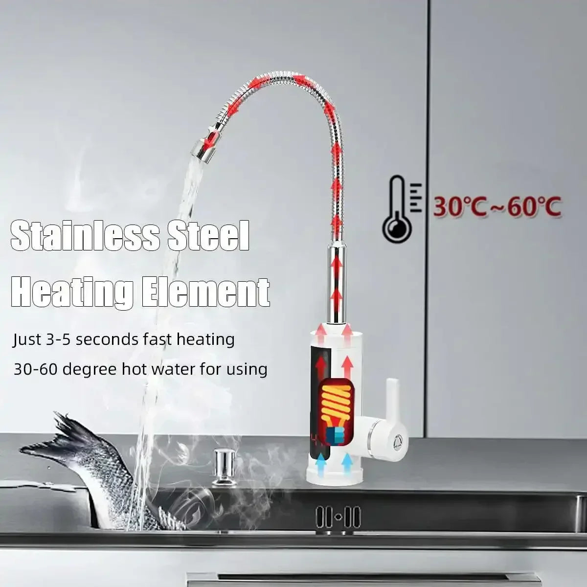 Instant Hot Water Electric Kitchen Faucet 3000W Tankless Tap for Sink 86-140°F Dual-Handle Cold & Heated Water Dispenser Fast Heating Stainl