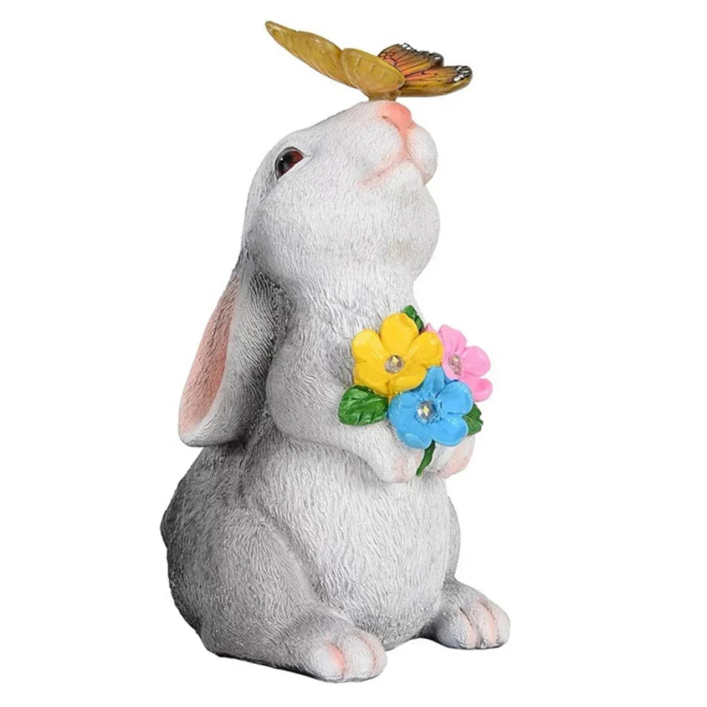 Solar Bunny Statue with LED Lights 9 Inch Tall White Gray Resin Weather-Resistant Outdoor Yard Decor Illuminated Butterfly Accent for Patio