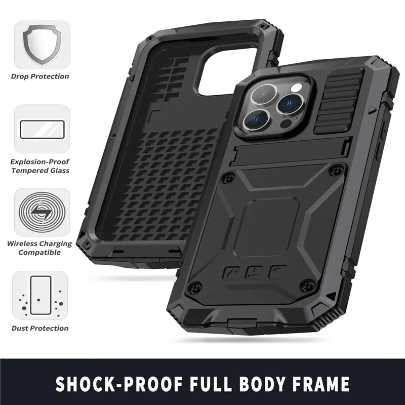 Heavy-Duty Metal Phone Case for iPhone 14, 13, 12, 11 – Full-Edge Protection with Raised Camera Guard & Tactile Grip