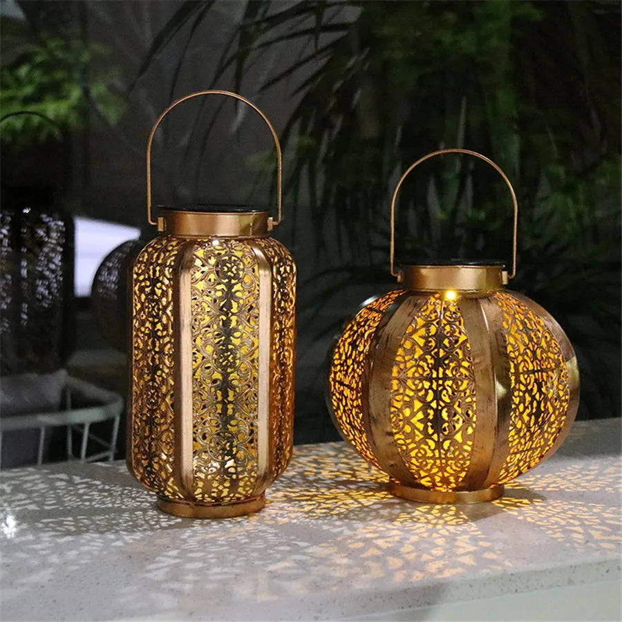 Solar Powered Garden Lantern Set Black Metal Decorative Light for Patio Pathway Balcony Hanging or Tabletop Warm Glow Wireless LED Dusk to D