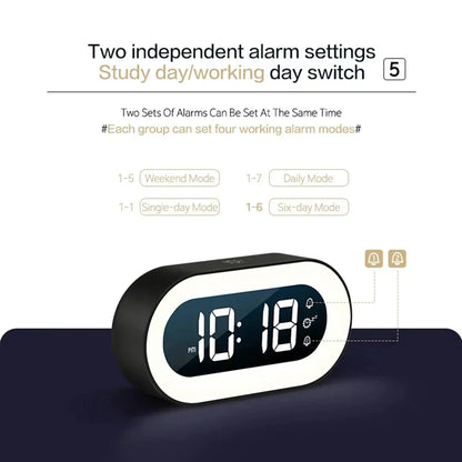Digital LED Clock Rechargeable USB Bedside Wake-Up Timer with Calming Sounds & Adjustable Nightlight for Bedroom Travel Home Office