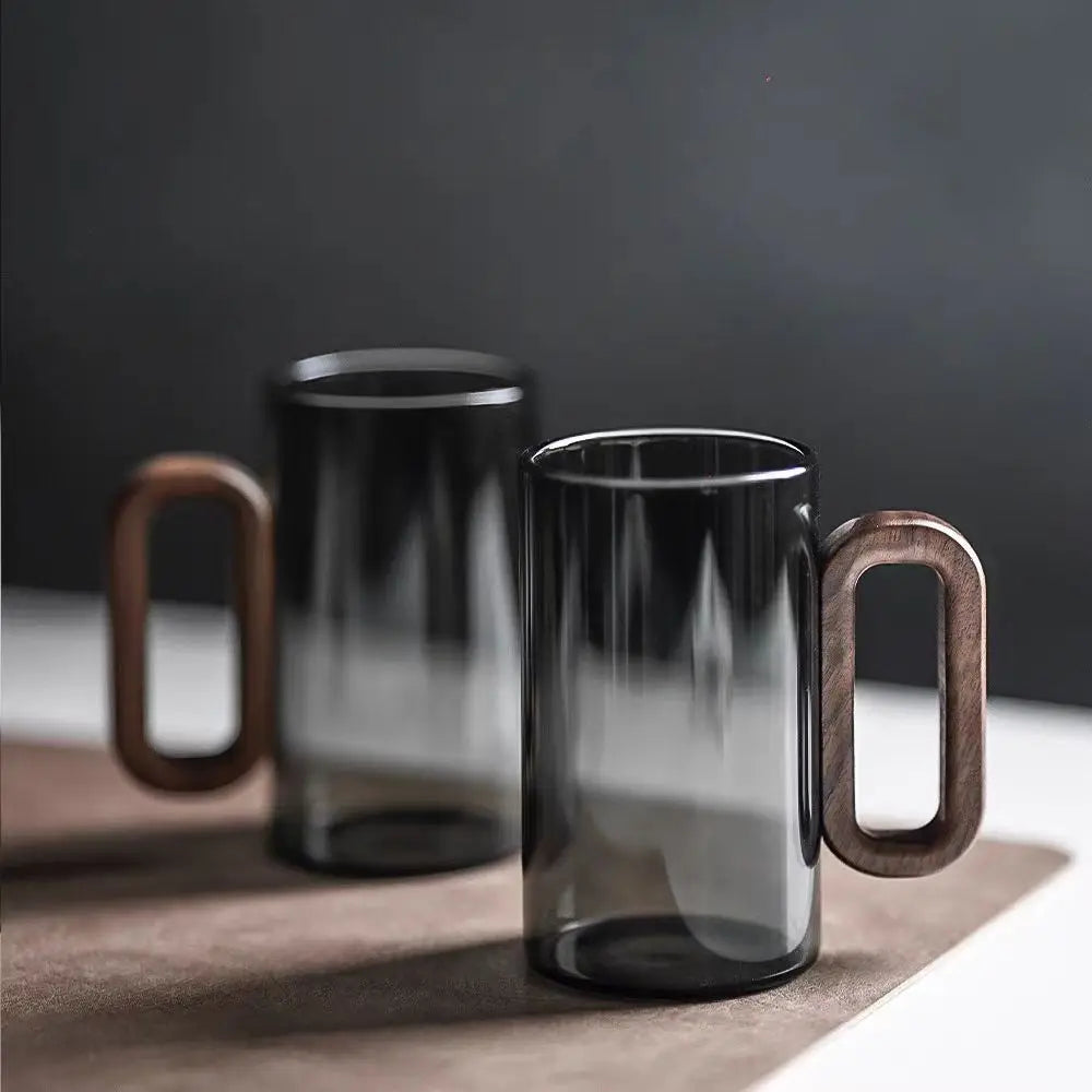 Clear Glass Coffee Mug with Wood Handle Heat-Safe 4 Inch Beverage Cup for Hot Tea Cold Juice Kitchen Office Drinkware Minimalist Cupware