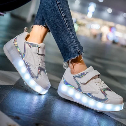 Kids Light-Up Skate Sneakers with Wheels Pink LED Roller Shoes Velcro Strap Boys Girls Youth Rechargeable Glowing Athletic Footwear