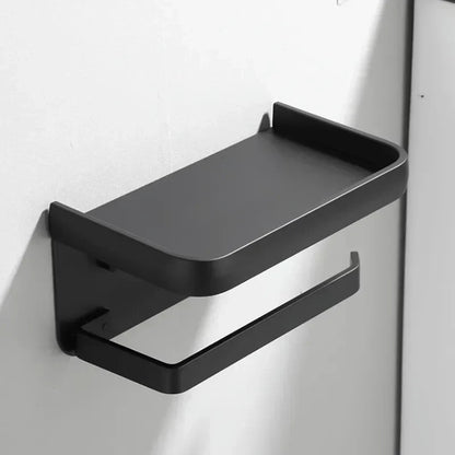 Wall-Mount Bathroom Tissue Holder with Top Shelf for Phone Storage Black Aluminum 7.2 Inch Powder Room Organizer Compact Space-Saving Access