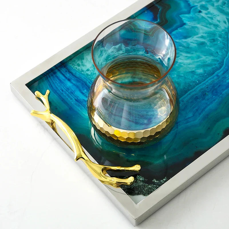 Glass Decorative Tray with Agate Design – 16-Inch Round & Rectangular Platter for Dining Room, Coffee Table, Vanity Display
