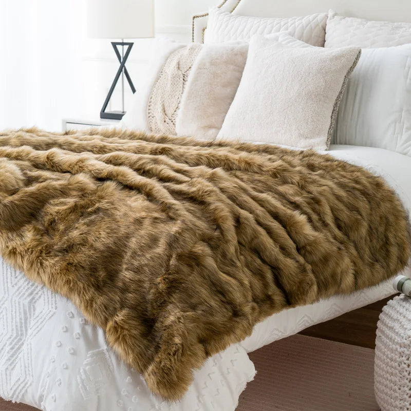Plush Faux-Fur Accent Blanket 80×60 in Oversized Ultra-Soft Polyester Decorative Cover for Bedroom Sofa Chair Couch Neutral Tan Silver Brind