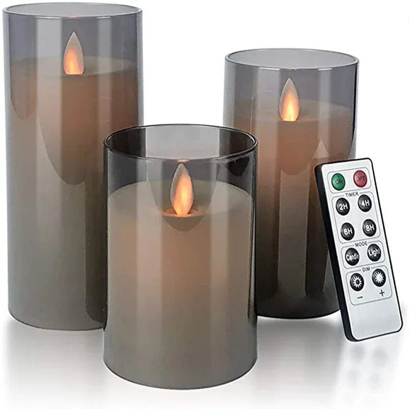 Battery-Operated LED Pillar Candles with Remote Control Timer Set of 3 Realistic Flickering Light Amber Smoke Clear Glass for Dining Room Be